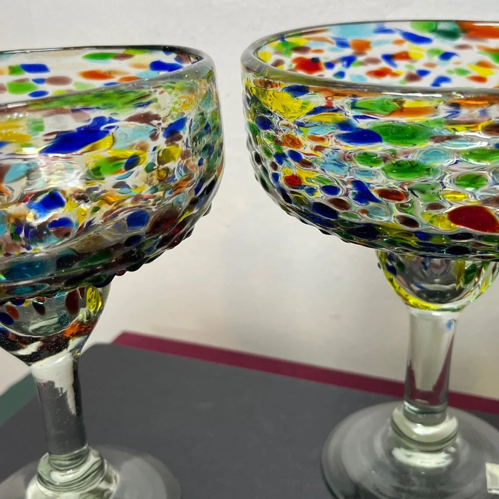 Pair Handblown Confetti Rock Multicolor Recycled Glass Margarita‎ Glasses Mexico